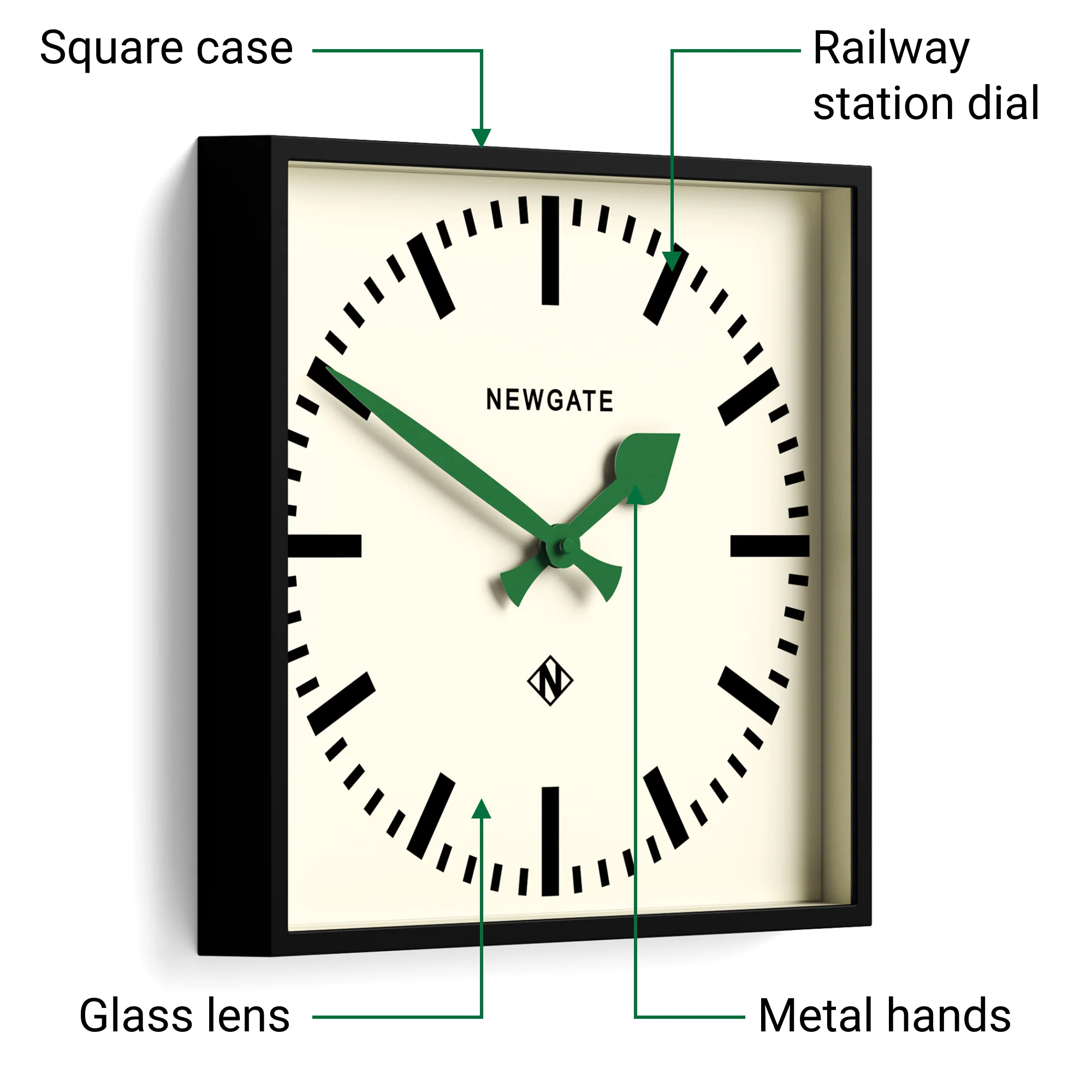 Newgate Number Five Railway Wall Clock in Black with green hands - Image 6